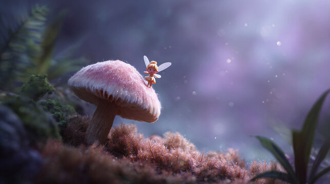 Charming fairy tale scene. Cute fairy stands atop a mushroom in an enchanted forest. Perfect for childrens illustrations, fantasy concepts, or whimsical designs.