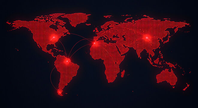 A red world map with bright spots and connecting lines on a dark background in a digital style