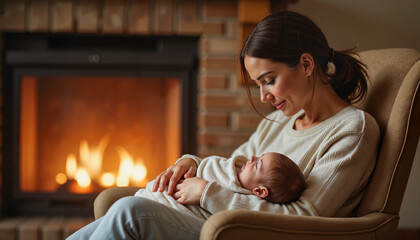 Young mother holding and comforting baby in cozy living room  