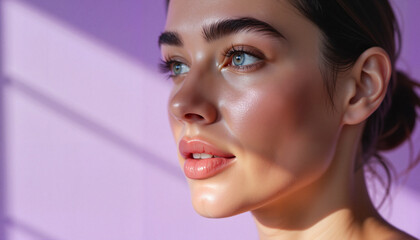 Young woman with glowing skin and captivating gaze in soft light  