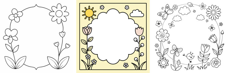 Spring Frame Coloring Book Page - Outline Vector Line Art