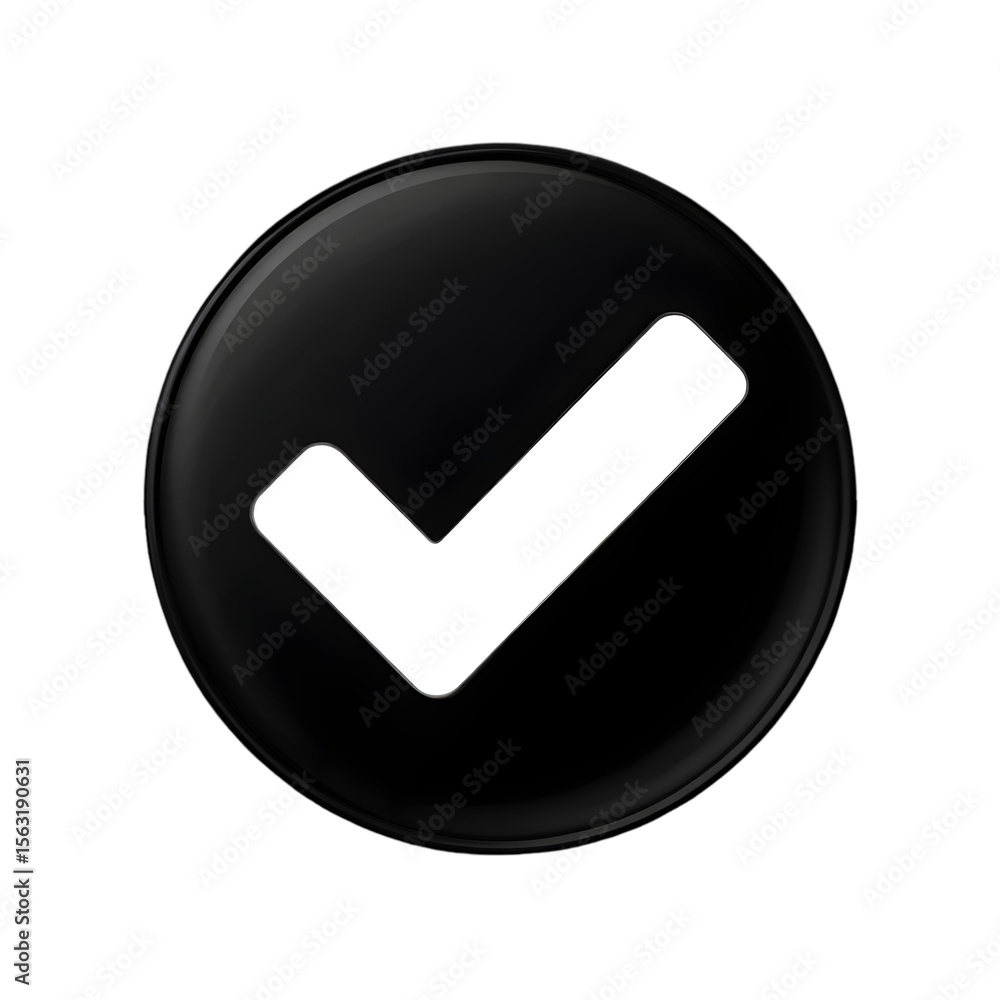Fototapete glossy black circle button featuring a bold white checkmark icon isolated on a pure white background