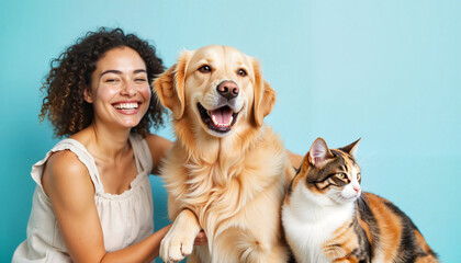 Smiling woman holding golden retriever dog with cat on blue background  