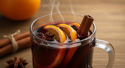 Warmer Glühwein dampft wohlig holzfarbener Tisch winterlich. AI Generated