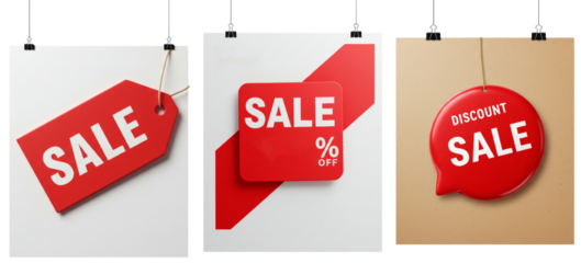 Sale tags and banners in red and white for promotions on transparent background  