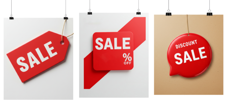 Sale tags and banners in red and white for promotions on transparent background  