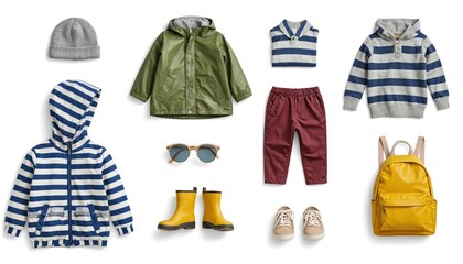 Isolated boys autumn clothing set on white background. Various apparel items, jacket, pants, shoes, boots, beanie, sunglasses and backpack. Stylish fashion for little boy. Autumn kids clothes.