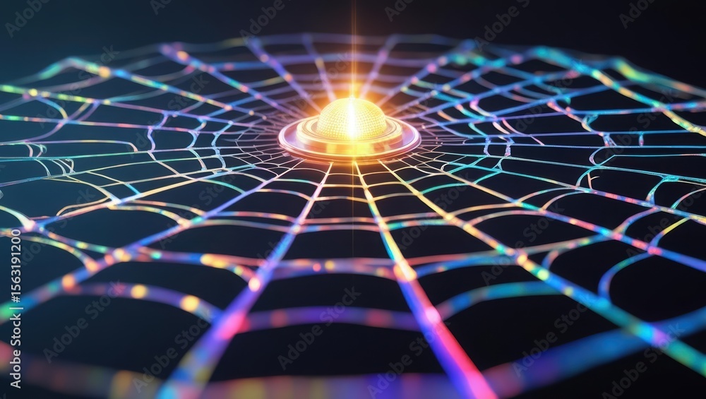 Poster vibrant digital abstract art depicting a glowing central sphere surrounded by interconnected rainbow