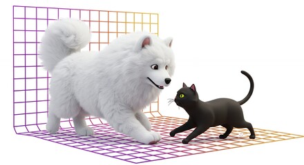 White dog and black cat running on a colorful geometric grid