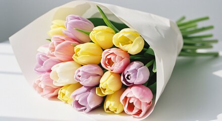 Zarte Tulpenstrauss sanft beleuchtet Pastelltöne Frühling. AI Generated