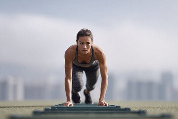 Fototapeta premium Focused woman in athletic wear, ready to sprint on agility ladder. Represents determination, athletic training, fitness goals, and healthy lifestyle choices.