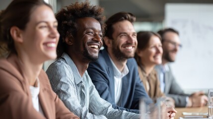Diverse group of young businesspeople laughing while sitting together in a row at an office desk during a meeting, no logos, no brands