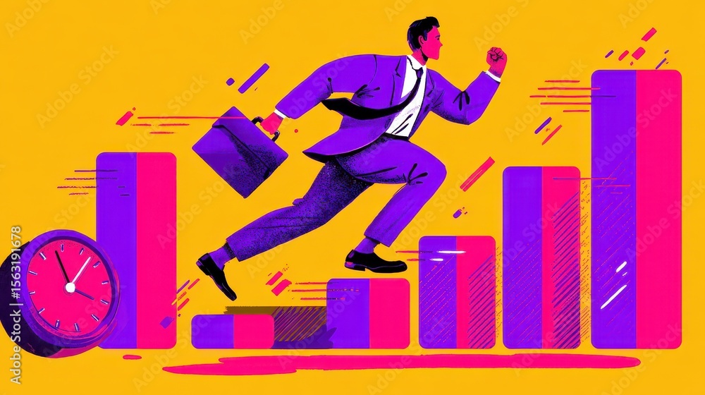 Poster businessman sets goals and runs up on graph columns for success on time. self-management, self regul