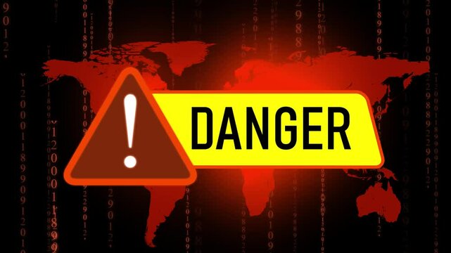 Cyber Security Threat Alert Global Danger Warning Digital World Map Background with Exclamation