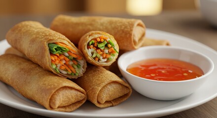 Goldgelbe Frühlingsrollen knusprig gebraten leckere Sauce. AI Generated
