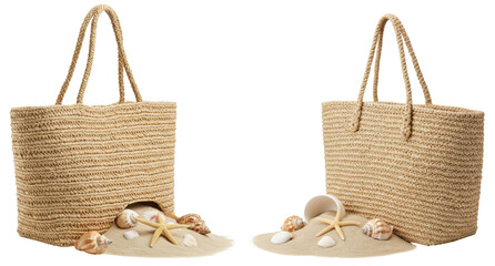 Woven beach bag with seashells and sand on transparent background  