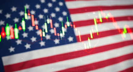 A stock market chart overlaying the american flag with red and green candlesticks visible on screen