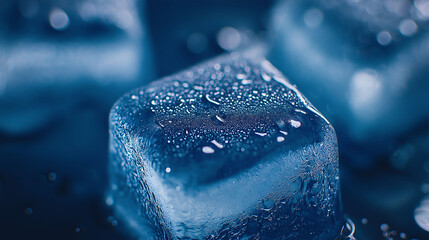 blue ice cubes with water droplets glistening on their surfaces, set against a dark blue background