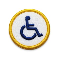 Embroidered accessibility symbol patch, blue wheelchair user icon, yellow border. Isolated on white. Design represents inclusivity, disability awareness, equal opportunity. Ideal for social projects,