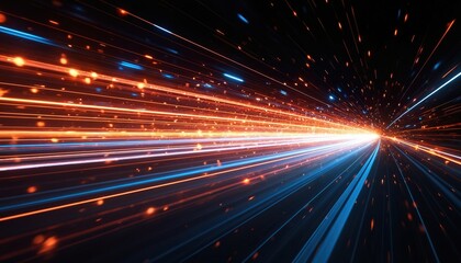Abstract image shows laser beams, luminous trails of light. Blue, orange glowing streaks with sparks, dots against dark space. Speed acceleration concept, futuristic design, technology background.
