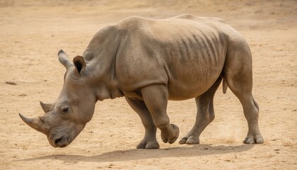 Obraz premium Portrait of rhino walking on sand. Animal has thick skin, two horns. Herbivore is wild, dangerous. Rhinoceros in natural habitat demonstrates wildlife. Vulnerable species conservation.