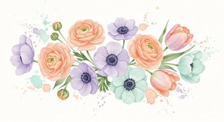 Zarte Pastellblumen leuchten sanft im Aquarellstil. AI Generated