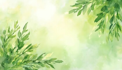 Watercolor foliage abstract background with green, white colors. Generative AI, spring, eco, nature concept. Fresh illustration with leaves, paint, drawing, artistic brush strokes. Elegant modern