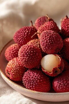 Fresh Lychees in Pink Ceramic Plate with Elegant Minimal Styling and Dreamy Natural Light