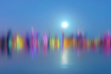 Colorful urban lights create a blurred dreamscape under a moonlit sky, evoking Lunar New Year and World Art Day
