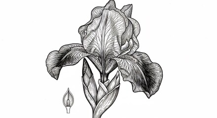 Detaillierte Iriszeichnung zeigt zarte Linien kraftvolle Blumenform sanftes Licht. AI Generated