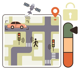 Car on road, pedestrian, traffic lights, GPS satellite, security lock, and level indicator. Ideal for smart transportation, urban mobility, GPS navigation safety IoT traffic control futurism