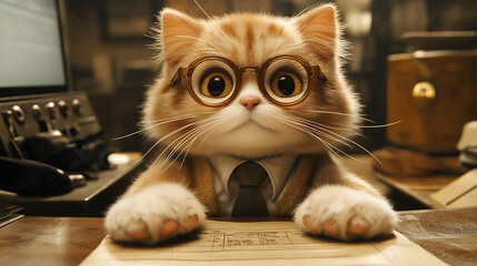 anthropomorphic cat working in an office, wearing glasses and a tie, sitting at a desk with a computer screen behind them