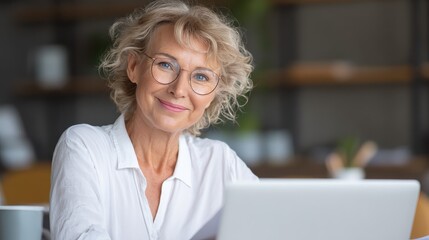 Smiling mature middle aged business woman using laptop working on computer sitting at desk. Happy old businesswoman hr holding cv interviewing distance applicant, senior seeker searching job online.,