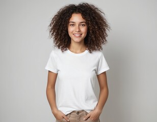 Young smiling woman in white blank t-shirt posing in studio. Brunette female with curly hair, simple style. Casual apparel mockup for design, print, branding. Perfect for t-shirt design, promoting