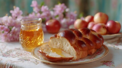 Golden honey glistens on braided challah amid apple bounty, evoking Rosh Hashanah's sweet renewal and harvest celebration