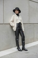 Obraz premium Stylish woman in fashionable knit outfit with beige cardigan, black leather pants, hat, boots stands near gray wall. Female urban look. Autumn fashion trends, street style.