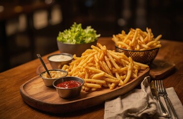 Generative AI art tasty french fries on wooden tray at restaurant. Served with sauces, side salad. Crispy potato chips, fast food lunch or dinner, tasty meal. Food photography, ai.