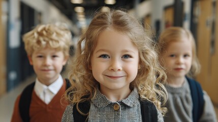 Portrait of smiling little school kids in school corridor, no logos, no brands
