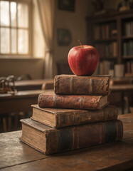 Red apple on stacked vintage books in rustic classroom. Old books on wooden table in library. Education concept knowledge, wisdom, learning. Classic scene with sunlight.