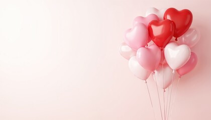Heart-shaped balloons against light background. Red, pink, white balloons for celebrations of love, affection. Party decoration for romantic event, holiday Valentine Day. Concept of joy, surprise,