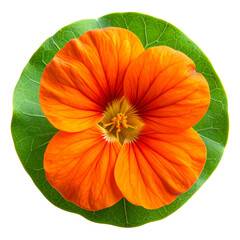 Single Orange Nasturtium Flower with Green Leaf, Transparent Background