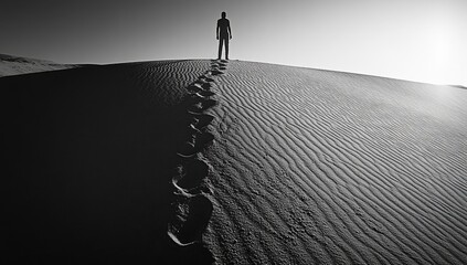 A solitary figure stands at the crest of a sand dune, footprints leading to the summit. Black and white, minimalist style