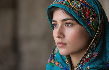 Portrait beautiful Uzbek woman in traditional headwear. Brunette female in a traditional dress. Cultural heritage, asian beauty. Ethnic fashion, muslim, islamic, traditional culture, Central Asia.