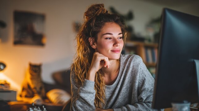 Beautiful young woman having video conference call via computer. Call Meeting. Home office. Stay at home and work from home concept during Coronavirus pandemic, no logos, no brands