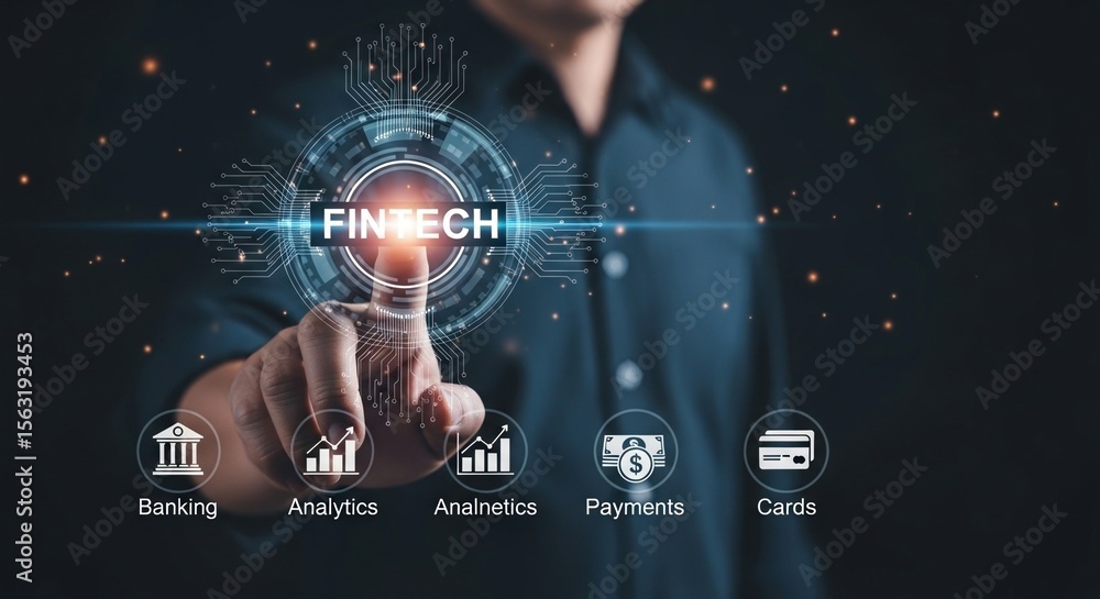 Poster futuristic fintech concept showing digital financial technology with banking analytics and payments 