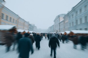 Obraz premium Blurry snow-laden street bustling with diverse crowd, echoing whispers of Frost Fair nostalgia and enigmatic Saint Winter's Day