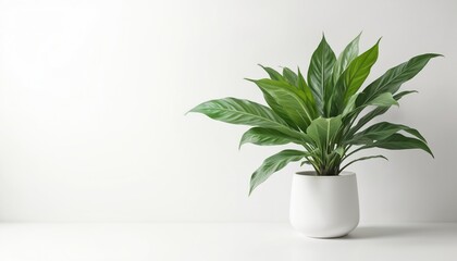 Indoor houseplant in white pot against white background. Fresh green leaves, natural home decor. Modern design concept, home gardening, eco-friendly. Minimalist botanical composition, isolated, copy