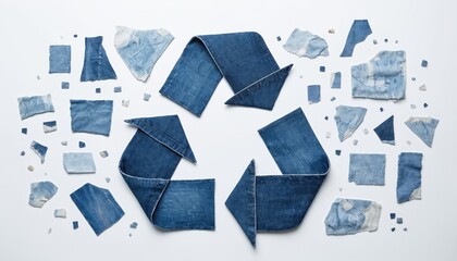 Recycling symbol from denim jeans pieces on white background. Eco concept, reducing textile waste. Sustainable fashion, clothes reuse, circular economy. Zero waste, earth friendly, reduce waste.
