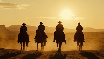 Four cowboys ride horses through desert at sunset. Lawmen embody justice in Wild West. Western adventure pursuit. Rugged silhouettes illustrate frontier life and horseback riding.