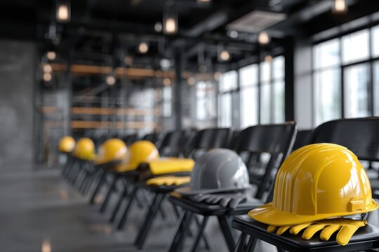 Safety training workplace knowledge concept. Construction helmets neatly arranged on chairs in a modern workspace.